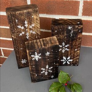 Rustic Wooden Snowflake Decor Set Torched Wood Handcrafted